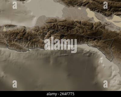 Sud-Est, Abteilung von Haiti. Höhenkarte in Sepia-Tönen mit Seen und Flüssen Stockfoto