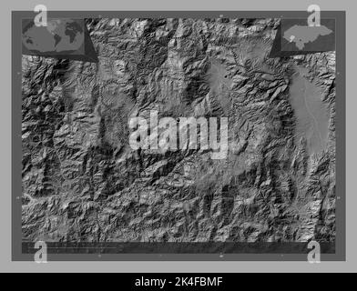 Intibuca, Abteilung von Honduras. Bilevel-Höhenkarte mit Seen und Flüssen. Standorte der wichtigsten Städte der Region. Karten für zusätzliche Eckposition Stockfoto