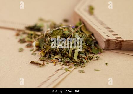 Getrockneter grüner Kräutertee auf einer neuen biologisch abbaubaren Infuser-Tasche aus nächster Nähe Stockfoto