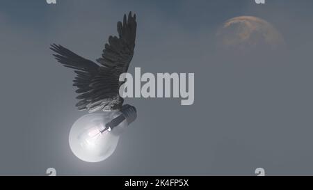 Geflügelte Glühbirne fliegt in Wolken. 3D Rendern Stockfoto