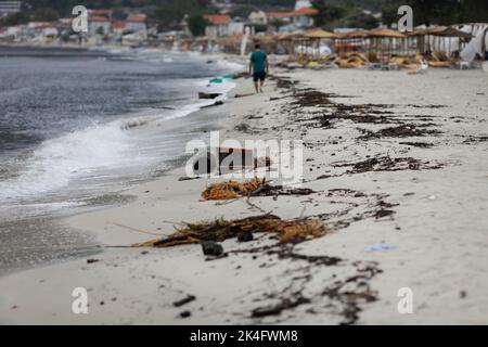 Holz, Plastik und sogar hölzerne Bienenstöcke wuschen nach einem starken Sturm an einem bewölkten Sommermorgen am Golden Beach in Thassos an Land. Stockfoto