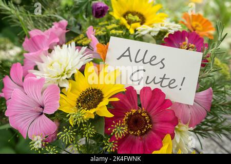 Farbenfroher Blumenstrauß mit einer Grußkarte und deutschem Text: Alles gute Stockfoto