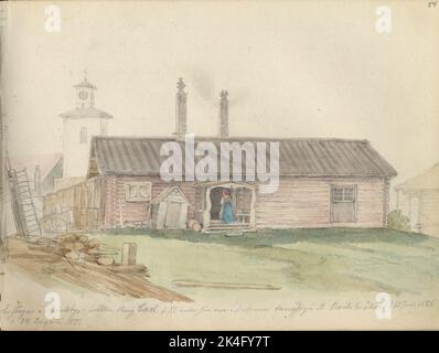 Buntstift. Eine Hütte in der Ferne mit Blick auf den Hof. Eine Frau im Kostüm auf der Vorderseite. Hinter der Hütte eine Kirche. „Eine Hütte in Elfsdalsby, in der König Carl D XI. Während seiner Reise in Dalarna am 13. Juni 1686 auf einer Bauernhochzeit tanzte. D 22 August 1853“. Aus dem Skizzenbuch mit der Bezeichnung G.V Palm, dem Archiv des Nordischen Museums. Nordisch Stockfoto