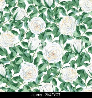 Nahtloses Muster mit weißen Rosen und grünen Blättern auf weißem Hintergrund. Rustikaler Stil. Aquarelldarstellung. Kann für Hochzeitsdrucke, Geschenk verwendet werden Stockfoto