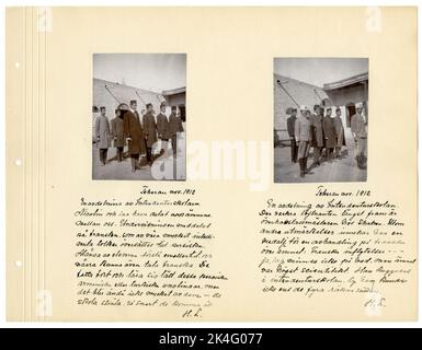 Persien. Das linke Bild: 'Teheran Nov. 1912. Eine Abteilung der Fluchschule. Nicolin und ich haben die Themen zwischen uns aufgeteilt. Der Unterricht wird auf Französisch angekündigt, das von unseren sehr intelligenten Dolmetschern ins Persische übersetzt wird. Viele der Studenten verstehen es jedoch, und einige können auch Französisch sprechen. Sie greifen schnell und lernen leicht, diese persischen, armenischen oder türkischen Jugendlichen, aber es wird immer noch nicht viel von ihnen werden sie stehlen, sobald sie Zugang haben. Rechtes Bild: 'Teheran Nov. 1912. Eine Abteilung der kuratorischen Schule. Der schöne Leutnant an der Front ist der t Stockfoto