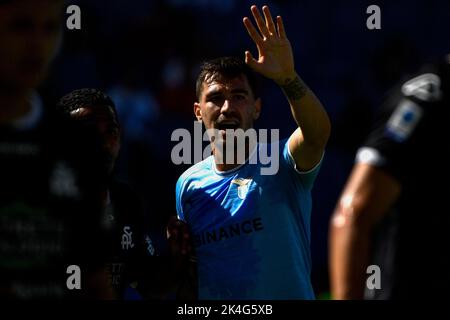 Roma, Italien. 02. Oktober 2022. Alessio Romagnoli von der SS Lazio reagiert während des Fußballspiels der Serie A zwischen der SS Lazio und Spezia Calcio im Olimpico-Stadion in Rom (Italien), 2.. Oktober 2022. Foto Andrea Staccioli/Insidefoto Kredit: Insidefoto di andrea staccioli/Alamy Live News Stockfoto