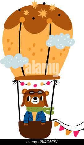 Tierpilot. Cartoon Grizzly Charakter in Flugzeugen. Niedlicher Bär fliegt im Heißluftballon. Sky Transport. Wandersäuger. Creature Pilotierung Stock Vektor
