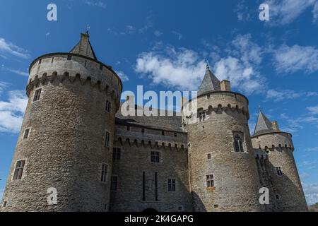Panoramablick auf das Chateau de Suscinio im Golf von Morbihan, Bretagne, Frankreich Stockfoto