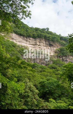 Bäume umrahmt Berge, huentitan Canyon in guadalajara, Berge und Bäume, grüne Vegetation und Himmel mit Wolken, mexiko, lateinamerika Stockfoto