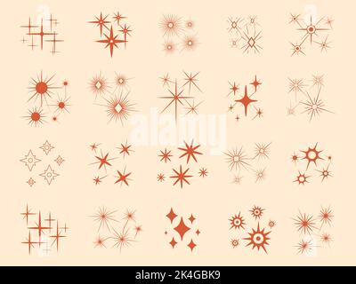 Flache Sterne mit Strahlen Retro-Logos. Shine abstrakte Design-Elemente, moderne funkeln Boho-Symbole. Shining weihnachten minimal anständig Vektor-Stern Stock Vektor