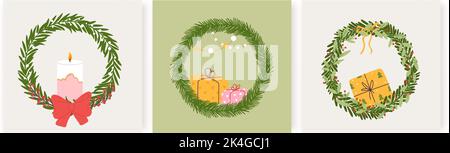 Weihnachtskarten mit weihnachtskranz. Dekorative Tannenbaumkränze mit Kerze, Geschenken und Girlanden. Vektor trendy Weihnachtsdekor Stock Vektor