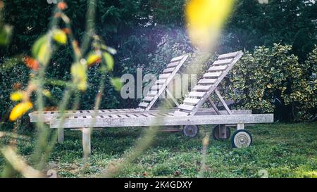 Zwei Gartenliegen in einem Hinterhof Stockfoto