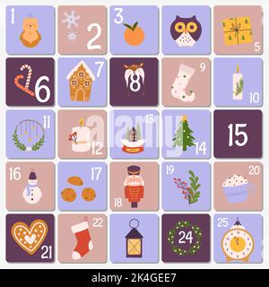Kinder Adventskalender weihnachtsvorlage. Urlaub dekorative Karten für kindisch lustige Zeit. Weihnachten kleine Geschenke, kreative Geschenke Vektor-Design Stock Vektor
