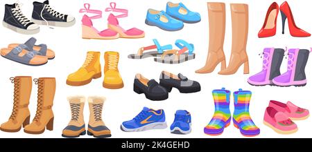 Cartoon verschiedene Schuhe. Legere Stiefel Mode formelle Schuhe für Frau Mann Fuß oder Kinder Kinderschuh, elegante Stiefel Sneakers Strand Sandalen, Vektor-Illustration der Kollektion weibliche Schuhe Stock Vektor