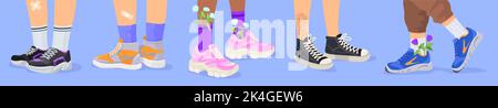 Cartoon-Füße in Sneakers. Menschliche Beine tragen bunte Sport Sneaker mit Blumen, stilvolle Beauty-Schuh aktiv Wandern, Leder Schuhboot 90s, Vektor-Illustration von Cartoon Sneakers und Schuhe Stock Vektor