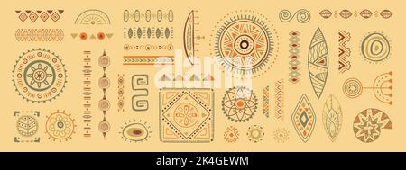 Afrikanische ethnische geometrische Elemente. Maya-Stil Kritzeleien Tattoo, handgezeichnete Kreis aztekischen Symbolen. Bordüren-Motive, traditionelle klassische Folk-Vektor Stock Vektor