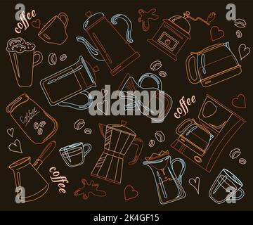 Muster für Kaffeemaschinen. Umriss Tool Kochen Tee oder Café Milch Getränke, Doodle Piktogramm Hintergrund Coffeeshop Print, Linie Restaurant Küchengeschirr Kaffeemaschine Vektor Illustration von Kaffee durch Kochen Stock Vektor