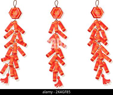 Chinesische Feuerwerkskörper. Feuer Cracker Miniatur-Feuerwerk Petard für china Mond Neujahr, traditionelle Festival rote Unterhaltung Frühling Wohlstand, Vektor-Illustration. Feuerwerkskreuzer und Feuerwerkskreuzer Stock Vektor
