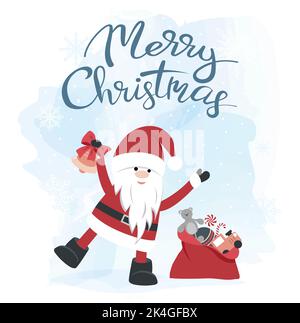 Weihnachtskarte. Weihnachtsmann mit einer Geschenktüte auf einem Winterhintergrund. Vektor Stock Vektor