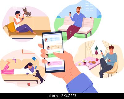 Neuigkeiten von Freunden teilen. Folgen Sie Freunden online in sozialen Netzwerken oder Messenger-App, Hand halten Smartphone Kontaktliste auf dem Bildschirm Telefon Programm Menschen Kommunikation Vektor Illustration der Nachricht teilen Stock Vektor