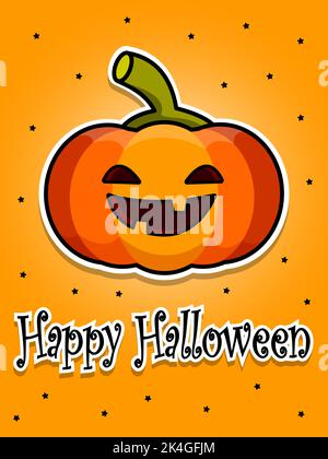 Halloween-Postkarte. Lächelnder Kürbis. Cartoon flache Vektorgrafik. Stock Vektor