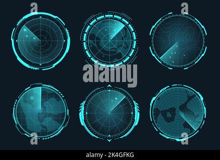 HUD-Radar. Navy Sonar digitale Ziel Detect-System für Kriegswaffe im Flugzeug oder U-Boot, Bildschirm-Schnittstelle militärische Navigationstechnologie Ziel Scannen, Vektor-Illustration von Bildschirmscanner Armee Stock Vektor