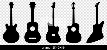 Set von Gitarre Silhouetten Symbole. Vektordarstellung auf transparentem Hintergrund isoliert Stock Vektor
