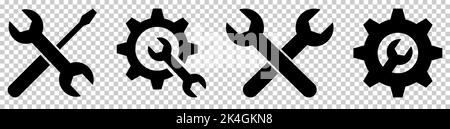 Symbole für den technischen Service eingestellt. Schraubenschlüssel, Schraubendreher und Zahnradsymbol. Vektordarstellung auf transparentem Hintergrund isoliert Stock Vektor