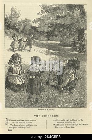 Vintage Illustration, viktorianisches Gedicht, die Kinder, Blumen pflücken auf einer Wiese, 1870s, 19. Jahrhundert Stockfoto