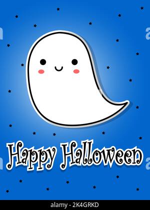 Halloween-Postkarte. Lächelnder netter Geist. Cartoon flache Vektorgrafik. Stock Vektor