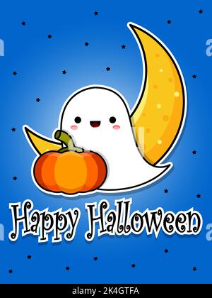 Halloween-Postkarte. Lächelnder netter Geist, Kürbis und Mond. Cartoon flache Vektorgrafik. Stock Vektor