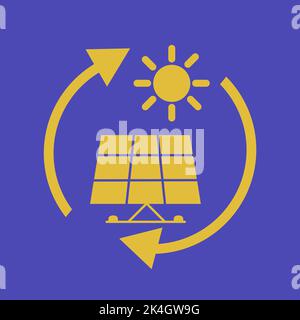 Das Zeichen des Sonnenkollektors und die Sonne vor blauem Hintergrund, ein Konzept der Solarenergie Stock Vektor