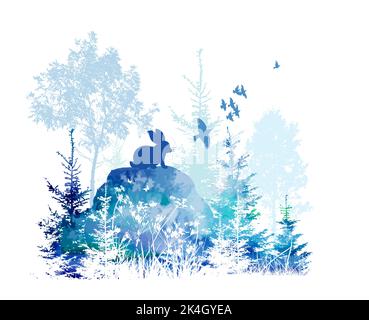Aquarell hellblau Landschaft Hase im Wald. Vektorgrafik Stock Vektor