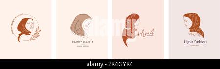Frauen in Hijab Kollektion, Vektor-Logo und Branding Design-Vorlagen in minimalem Stil, für Beauty-Center, Modestudio, Friseursalon und Kosmetik Stock Vektor