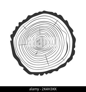 Symbol für Baumringe. Struktur des Rumpfquerschnitts. Dendrochronologie-Methode zur Bestimmung des Baumalters. Hölzerne Oberfläche Doodle Stempel isoliert auf weißem Hintergrund. Vektorgrafik handgezeichnete Illustration Stock Vektor