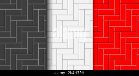 Nahtloses Muster mit schwarzen, weißen, roten Fischgrätfliesen. Küchenhintergrund oder Bodenfläche im Bad. U-Bahn Stein oder Keramik Backstein Wand Hintergrund. Innen- oder Außendesign. Vektorgrafik flach Stock Vektor