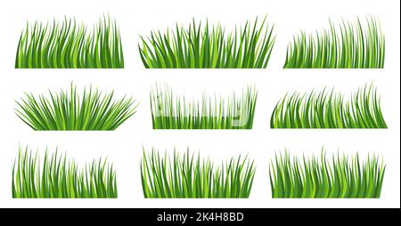 Grünes Gras Bio-Rasen flach horizontal Banner-Set. Sommer Kräuterwiese. Öko Pflanze frischen Busch. Verschiedene Form Frühling Kräuterrasen weißen Hintergrund. Grüne Cartoon Blätter . Rand mit Laublandschaft Stock Vektor