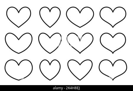 Love Hearts Icon Set. Verschiedene Herzform romantische Glyphe. Wie Symbol schwarze Linien Rahmen. Valentinstag, Hochzeit abstrakt skizzieren stilisierte Zeichen. Romantische Emotion Scrapbooking Tinte Stempel Vorlage Stock Vektor