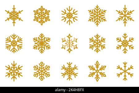 Schneeflocke Gold Weihnachten Umriss Icon Set. Geometrische Linie Eiskristall auf weißem Hintergrund isoliert. Weihnachtsdekoration Winter kaltes Element. Urlaub schöner Frost Schneefall. Das eisige Neujahrssymbol Stock Vektor