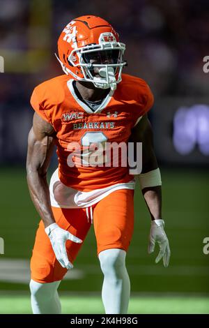 Sam Houston State Bearkats Wide Receiver Ife Adeyi (2) schaut über die Berichterstattung Presnap gegen die Stephen F. Austin Lumberjacks, Samstag, 1. Oktober 20 Stockfoto