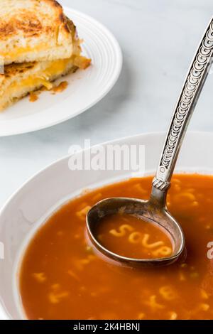 Eine Schüssel mit Alphabetsuppe, in der das Wort Suppe im Löffel geschrieben ist. Stockfoto