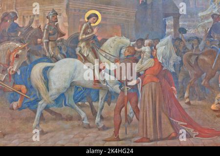 Jeanne d'Arc (1412-1431), Verteidigerin der französischen Nation, auf einem Wandgemälde in der Basilika Bois-Chenu in Domrémy-la-Pucelle (Vosges), Frankreich Stockfoto