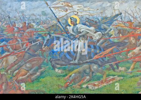 Jeanne d'Arc (1412-1431), die auf einem Wandgemälde in der Basilika Bois-Chenu in Domrémy-la-Pucelle (Vogesen), Frankreich, in den Kampf zieht Stockfoto