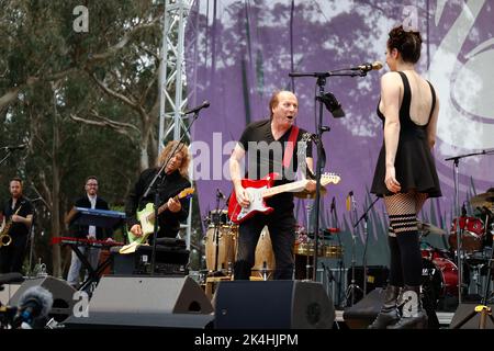 San Francisco, CA, 1.. Oktober 2022, Jerry Harrison (links) und Adrian Belew spielen den Klassiker von Talking Heads aus dem Jahr 1980, „Rem in Light“, beim kaum Strictly Bluegrass Festival 2022 im Golden Gate Park. Quelle: Tim Fleming/Alamy Live News Stockfoto