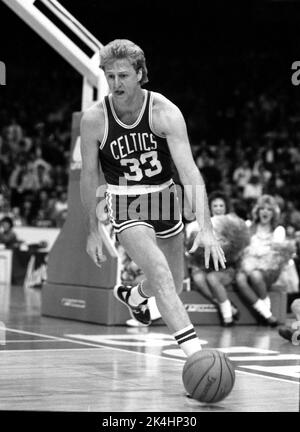 Boston Celtics Forward Larry Bird wird während eines Spiels in Chicago in der 1980s gezeigt. Stockfoto