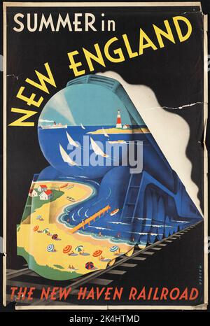 Buntes Vintage New Haven Railroad-Reiseplakat, das Sommerferien in New England, USA, fördert Stockfoto