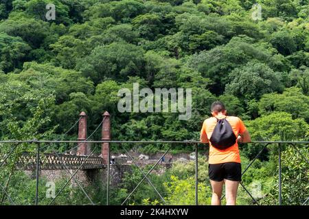 Huentitan Schlucht, Person, die die Vegetation der Schlucht betrachtet, Stahlgeländer, orangefarbenes T-Shirt, Rucksack, Bäume und Brücke, guadalajara Stockfoto