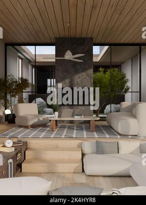 Moderne, moderne und komfortable Wohnzimmereinrichtung mit gemütlicher Couch, Couchtisch, eingelassener Lounge, Fernseher an der Wand, Deckenventilator und wo Stockfoto
