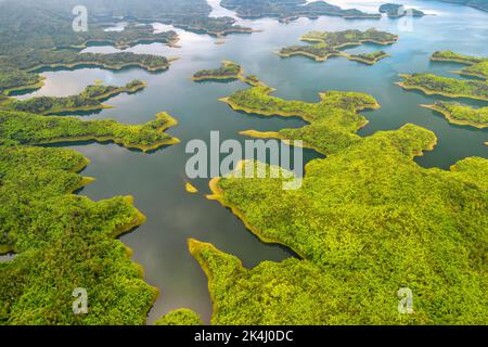 TA Dung See oder Dong Nai 3 See am Morgen, Luftaufnahme. Das Reservoir zur Stromerzeugung aus Wasserkraft in Dak Nong, Vietnam. Stockfoto