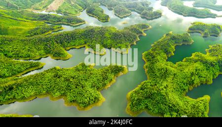 TA Dung See oder Dong Nai 3 See am Morgen, Luftaufnahme. Das Reservoir zur Stromerzeugung aus Wasserkraft in Dak Nong, Vietnam. Stockfoto